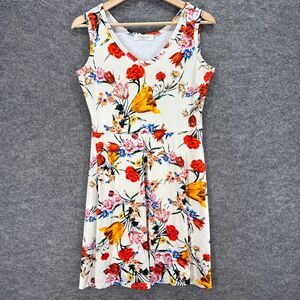 Melynnco Dress Women M Medium White Floral Sheath Midi V-Neck Sleeveless Casual